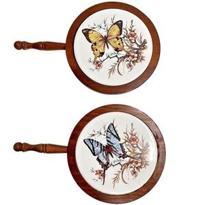 Vintage Three Mountaineers‎ Floral Butterfly Wood Framed Trivets Grandma Core